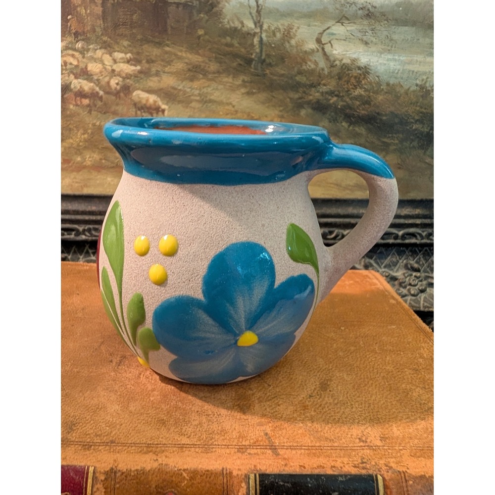 Vintage Mexican Hand Painted Floral Terracotta Mug Blue Glazed Jarrito Mexico